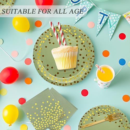 72PCS Sage Green Paper Plates and Napkins - Sage Green Gold Dots Tableware Set Include Dessert Plates,Napkins and Forks Disposable Decoration Supplies for Birthday Graduations Wedding Party,Serve 24 - Image 5