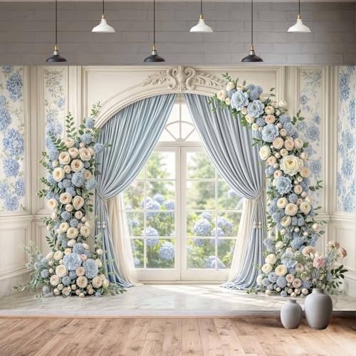 15X10ft Light Blue Floral Wedding Backdrop Luxury Palace Window Elegant Rose Arch Photography Background Blue Flower Birthday Baby Shower Bridal Party Portrait Photo Booth Props - Image 2