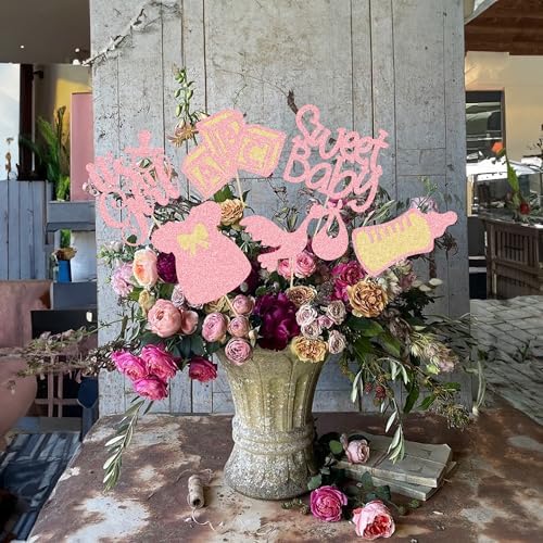 Gyufise 12Pcs Baby Shower Centerpiece Sticks Glitter Tie Onesie Oh Baby Gender Reveal It's a Girl Table Centerpiece Sticks for Baby Shower Gender Reveal Kids Birthday Party Supplies Pink - Image 5