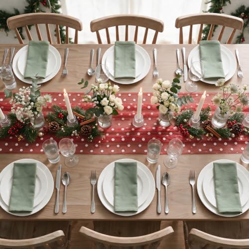 Artoid Mode Red Gauze White Flocking Dots Table Runner 10FT, Christmas Sheer Dining Table Decor for Wedding Anniversary Holiday Birthday Home Party - Image 3