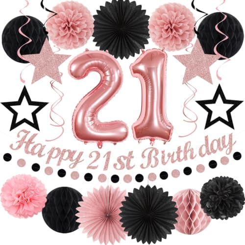 Rose Gold Pink Black 21st Womens Happy Birthday Party Decorations Hugmoon by PartyDecorations