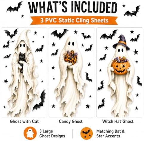 Halloween Window Clings Decorations Ghost Pumpkin Black Cat Window Stickers Static Spooky Glass Window Sticker Decals for Home Office Classroom Party Haunted House Seasonal Decor 3 Sheets - Image 2