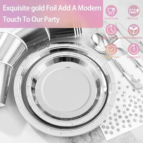 Silver Plates Party Supplies Disposable Dinnerware Set,168pcs Silver Paper Plates and Napkins for Graduation Holiday Disco Birthday Party Decorations Serves 24 (Pack of 3) - Image 4