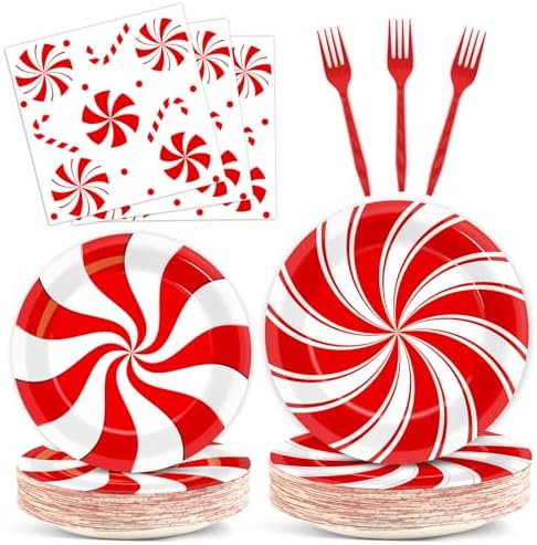 96pcs Christmas Peppermint Candy Paper Plates Party Supplies Tableware Set Candy Mint Party Supplies for Holiday Xmas Red and White Striped Peppermint Disposable Dinnerware Decorations 24 Guest by Wiooffen