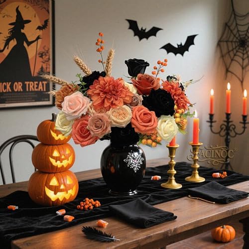 FACINOC Roses Artificial Flowers Fall Orange Black Bouquet Combo for Autumn - Image 3