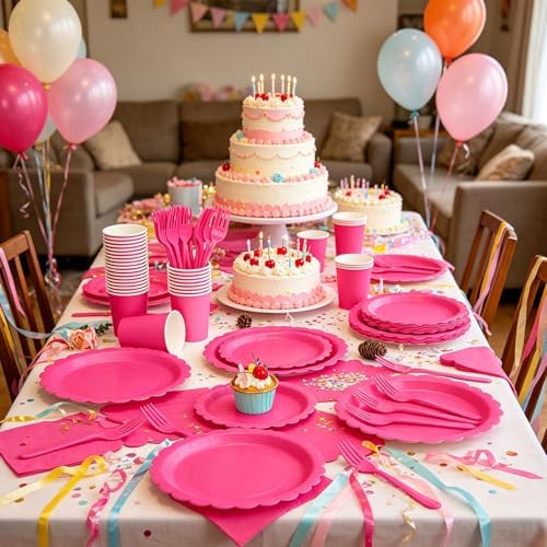 200Pcs Hot Pink Party Plates and Napkins, 9’’ Disposable Scalloped Hot Pink Paper Plates and 7’’ Hot Pink Dessert Plates Cups Napkins Forks Party Supplies for Birthday Party Decorations, Serves 40 - Image 4
