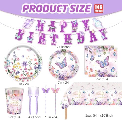 146Pcs Wildflower & Butterfly Plates and Napkins Floral Party Supplies Includes Plates, Napkin, Fork, Cup, Straw, Tablecloth, Banner for Baby Shower Birthday Party Decorations, Serves 24 - Image 6
