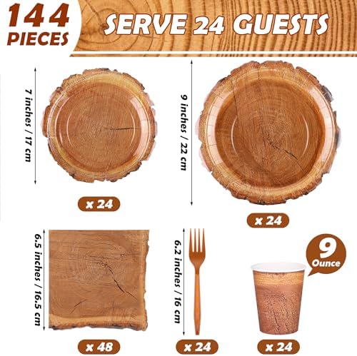 Kochorie 144 Pieces Camping Wood Grain Slice Tableware Sets Rustic Wood Party Decorations Paper Plates Napkins Cups Forks Serves 24 for Forest Themed Party Decorations Hunting Birthday Supplies - Image 2