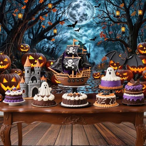 Halloween Misty Dark Forest Backdrop, Moon Night Creepy Scene Dark Pathway Pumpkin Bats Woods Photography Background, Ghost Themed Birthday Party Banner Decor Witch Photo Props 7X5FT - Image 4