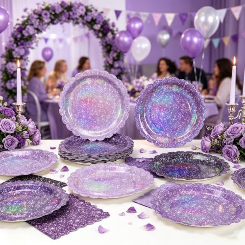 Iridescent Purple Plates and Napkins Set for Birthday Wedding,40 Guests - Image 2