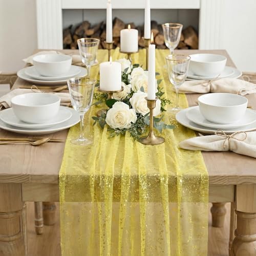 Artoid Mode Light Yellow Gold Gauze Table Runner 59x120 Inch 10FT, Glitter Metallic Foil Sheer Dining Wedding Anniversary Holiday Birthday Table Decor for Home Party - Image 3