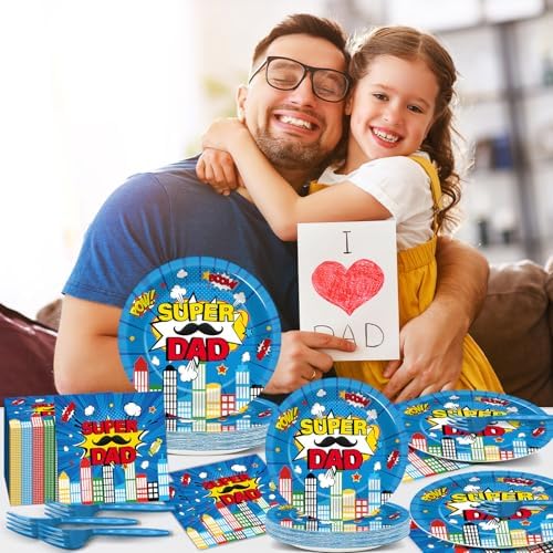 96Pcs Happy Fathers Day Paper Plates and Napkins Super Dad Party Decorations Super Theme Dessert Plates Hero Cityscape Birthday Tableware for 24 Guests Papa Grandpa Best Dad Daddy Men Party Supplies - Image 5