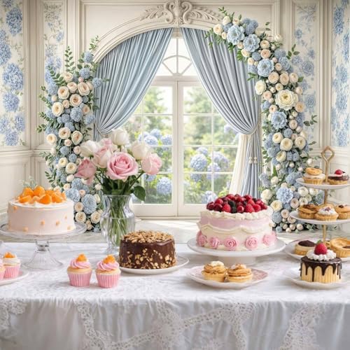 15X10ft Light Blue Floral Wedding Backdrop Luxury Palace Window Elegant Rose Arch Photography Background Blue Flower Birthday Baby Shower Bridal Party Portrait Photo Booth Props - Image 5