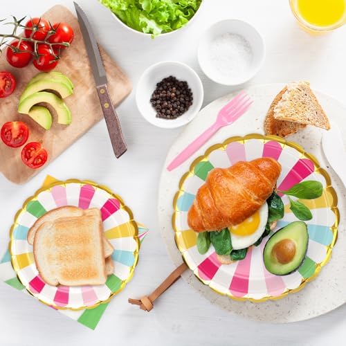 96PCS Colorful Party Paper Plates with Gold Scalloped Edge, Colorful Scalloped 9inch 7inch Dessert Paper Plates Party Supplies for Birthday Bridal Shower Picnic, Serve for 24 Guests, Striped - Image 7
