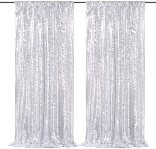 Silver Sequin Backdrop Curtains-2 Panels 3FTx8FT Silver Backdrop for Wedding, Glitter Party Decorations Background Drapes for Birthday Party Anniversary Graduation Photo Booth Decor by SoarDream