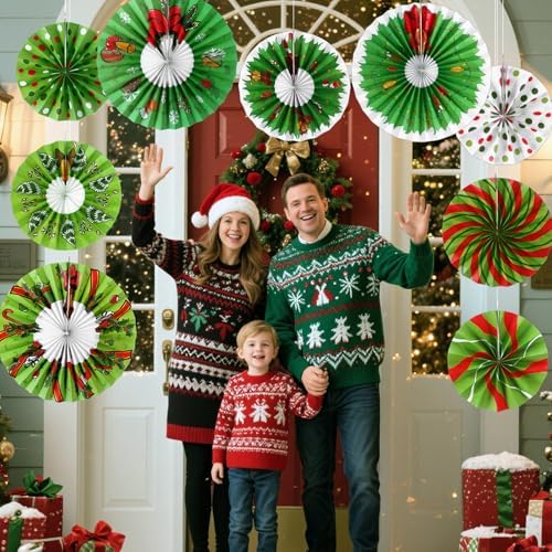 Outus 9 Pcs Christmas Candy Peppermint Paper Fans Red Green Party Decor - Image 4