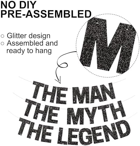 BEISHIDA Black Glitter The Man The Myth The Legend Banner,Birthday Decorations for Men,Retirement Banner,Pre-Strung Birthday Party or Retirement Party Supplies(No DIY) - Image 2