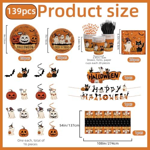139Pcs Halloween Party Supplies Dinnerware Decorations -Tablecloth, Paper Plates, Cups, Straw, Napkins, Cutlery - Horror Halloween Birthday Party Decorations Tableware Serves 20 Guests - Image 2