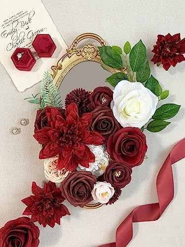 FACINOC Roses Artificial Flowers Red Bouquet Box Set Fake Flower for DIY Bridal Wedding Shower Decorations Centerpieces for Table Faux Silk Floral Arrangement for Party Home Decor Indoor Burgundy - Image 3