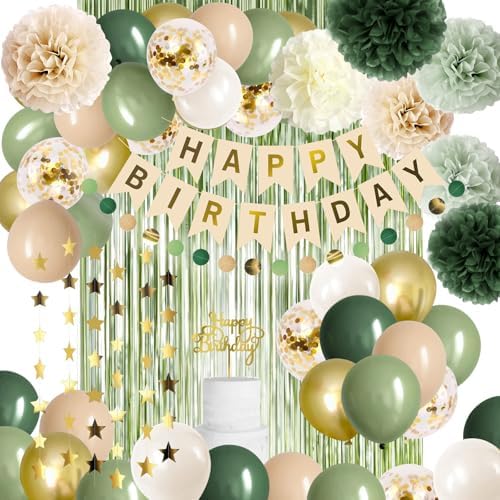 Sage Green Birthday Decorations Olive Green Happy Birthday Party Decorations Nude Retro Gold Balloon Banner Paper Pom Poms Greenery Neutral Rustic Décor Supplies Baby Girls Women by Iysoll