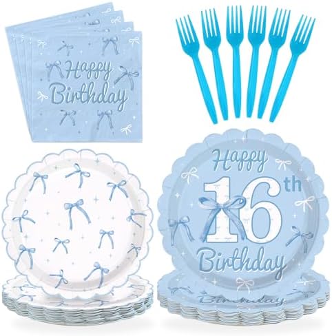 96Pcs Blue White Bow 16th Birthday Decorations for Girls Serves 24 by Greencian