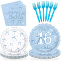 96Pcs Blue White Bow 16th Birthday Decorations for Girls Serves 24 by Greencian