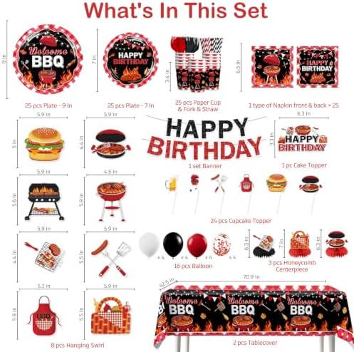 Xynic 205Pcs BBQ Birthday Party Decorations Tableware Set, 25 Serves - Image 2