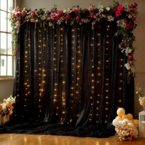 Wish Care 20x10FT Black Wrinkle Free Backdrop Curtains with Lights String for Parties - Photo Curtain Backdrop with Lights for Wedding Decorations, Bridal Baby Shower Birthday Party Photography by WishCare