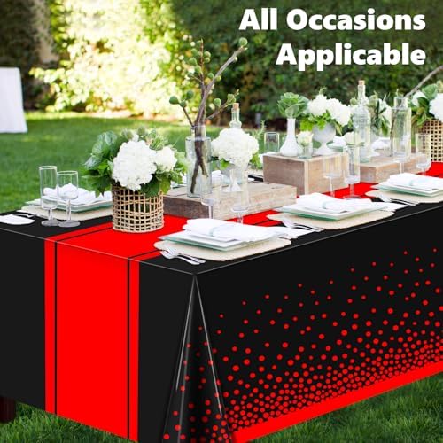 LANLISA Red and Black Tablecloth Party Decorations 6 Pack, Disposable Plastic Table Cloths for Birthday Graduation Retirement Masquerade Party Decor - Image 2