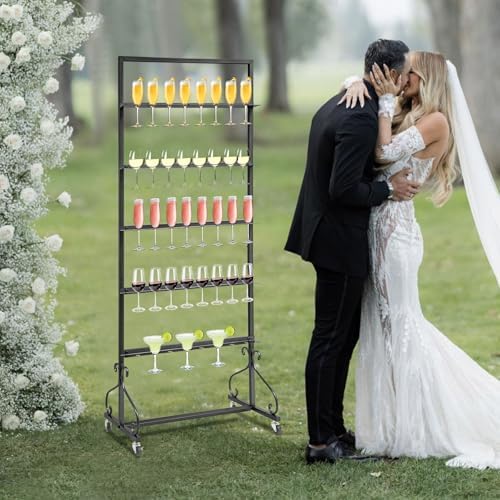 Champagne Tower Stand, 5-Tier Metal Champagne Flutes Display Stand Champagne Wall Holder for Party Champagne Rack Shelf Wine Glass Rack Hold 40 Glasses with Swivel Casters (Black) - Image 3