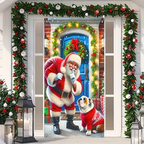 BlissYard Christmas Door Cover Santa Bulldog 35x71 Inch Polyester by BlissYard