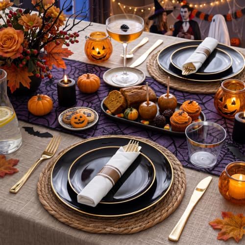 KIRE 60PCS Black Plastic Plates - Black Disposable Plates with Gold Rim - Include 30Pcs 10.25inch for Dinner and 30Pcs 7.5inch for Dessert for Wedding/Graduation/Party/Halloween/New Year - Image 3