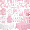 Pink Bow Birthday Decorations Include Plates, Napkins, Cups, Cutlery, Banner, Hanging Swirls, Cake & Cupcake Toppers, Balloons, Tablecloths for Coquette Birthday Decorations, Serves 20 by QIYANPAX