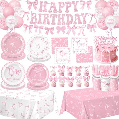 Pink Bow Birthday Decorations Include Plates, Napkins, Cups, Cutlery, Banner, Hanging Swirls, Cake & Cupcake Toppers, Balloons, Tablecloths for Coquette Birthday Decorations, Serves 20 by QIYANPAX