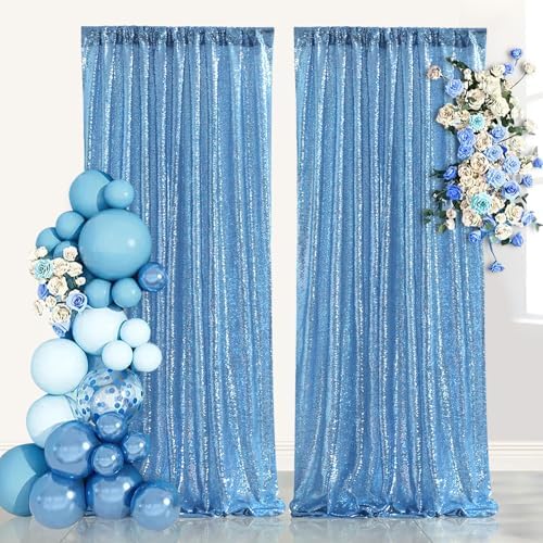 Birthday Backdrop Curtain Baby Blue Shimmer Sequin Backdrop Drapes 6x8FT by QueenDream