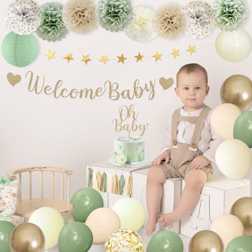 Amandir Sage Green Baby Shower Decorations Welcome Baby Banner - Image 5