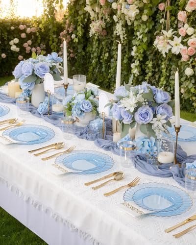 YOUBET 175PCS Clear Blue Scalloped Plastic Plates for Party Wedding - Image 4