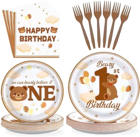 Grencian 96Pcs Brown Beary First Birthday Party Decoration, Serve 24 by Grencian