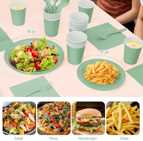Sage Green Plates and Napkins Party Supplies, Include 9’’ Disposable Paper Plates, 7’’ Dessert Plate and Cups Napkins Forks Party Decorations for Baby Shower, Birthday, Wedding, Serves for 25 - Image 3