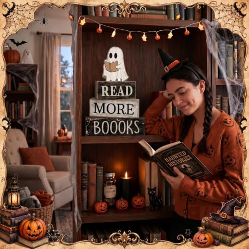 Moucuny 4 Pcs Halloween Table Decoration Wooden Ghost Reading Stacked Block - Image 4