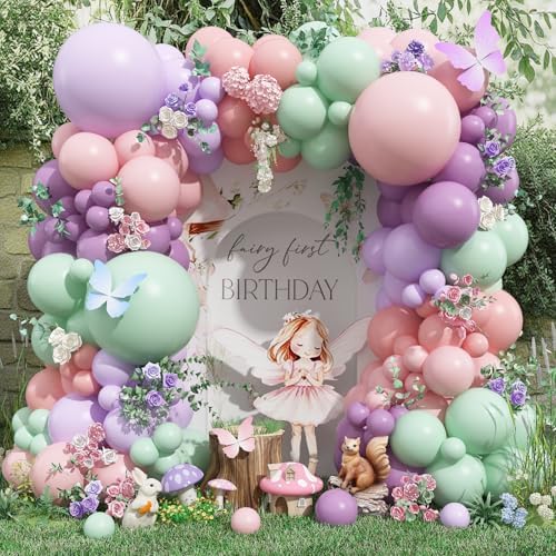 Fairy Wonderland Balloon Arch Kit, 128Pcs Pastel Pink Purple Green Balloon Garland Kit for Baby Girls Fairy First Birthday Spring Garden Tea Party Bride Baby Shower by Froova