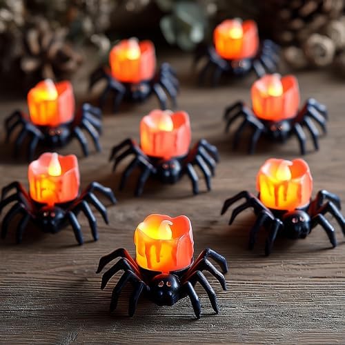 Dazzle Bright 12 Pack Halloween Spider Tea Lights Candles, Battery Operated LED Flameless Spider Candles Holder Lights, Spooky Halloween Decorations for Party Table Home Decor by DazzleBright