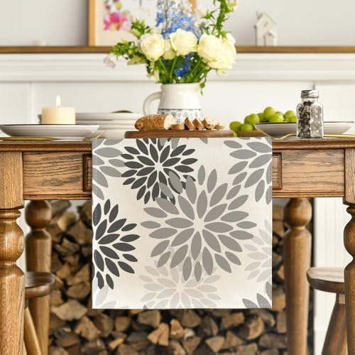 Artoid Mode Grey Floral Pinnata Dahlia Table Runner, Seasonal Kitchen Dining Table Decoration for Home Party Decor 13x90 Inch - Image 2