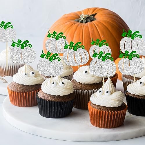 24Pcs Pumpkin Cupcake Toppers Baby Shower Decorations Pumpkin Birthday Decorations Cupcake Picks Pumpkin Gender Reveal Cupcake Toppers Party Supplies Silver - Image 7