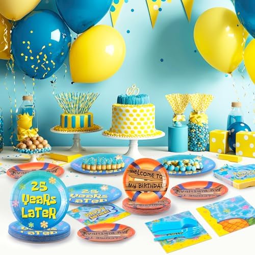 GaofanWai Ocean Yellow 25th Birthday Tableware - 96PCS Pineapple Party Paper Plate Set for Adult, 25 Years Later Ocean Sea Disposable Dinnerware Paper Napkin Fork for Yellow Birthday Party Decorations - Image 5