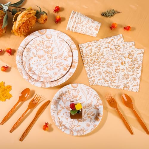 Fall Gold Floral Birds Fruits Disposable Paper Plates and Napkins Set - Image 3