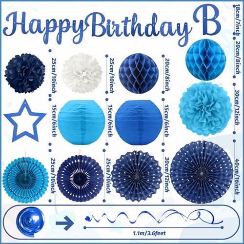 Navy Blue Birthday Party-Decorations - 29pcs Blue Party Decorations for Men Boys, Happy Birthday Banner Paper Streamers Lanterns Tissue Pom Poms - ZERODECO - Image 3