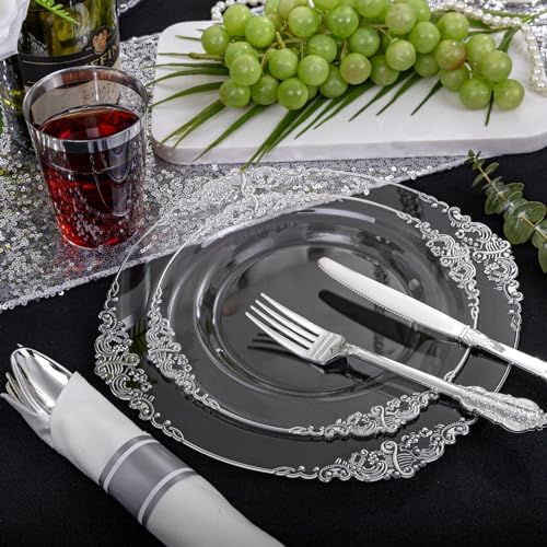 Morejoy 350PCS Clear Silver Plastic Plates - Silver Disposable Plates sets - Image 2