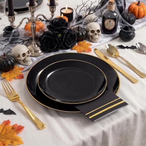 NOCCUR 350PCS Black and Gold Plastic Plates - Black Disposable Dinnerware Set for 50 Guests, 100 Dinner/Dessert Plates, 150 Gold Silverware, 50 Cups&50 Napkins for Party/Birthday/Halloween - Image 6
