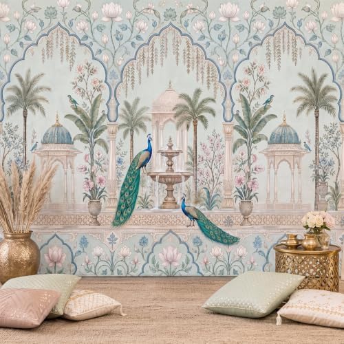 Gilprop 9 x 6 ft Indian Peacock Backdrop Traditional Mughal Garden Backdrop Decor Indian Pooja Peacock Props Banner for Festival Ganesh Chaturthi Mehndi Wedding Seemantham Pooja Decoration by Gilprop